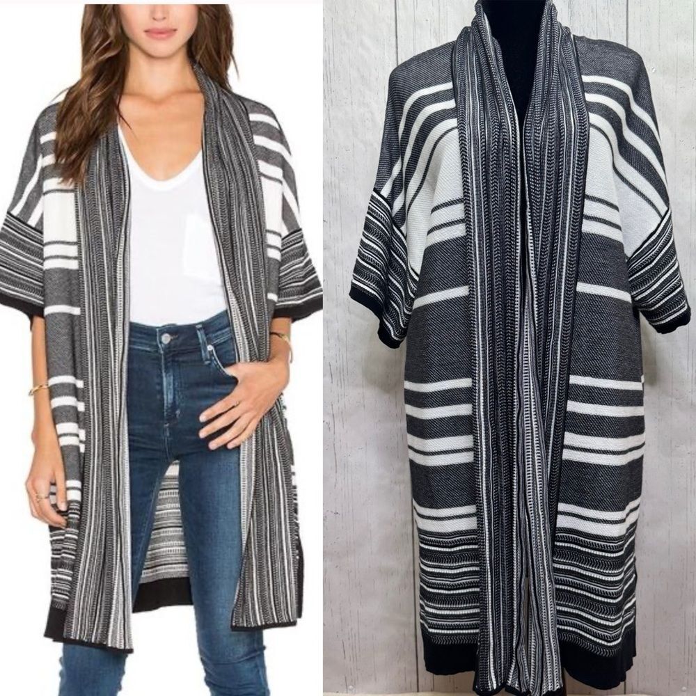 Vince Black White Striped Cotton Kimono Cardigan Open Front M Minimalist Casual